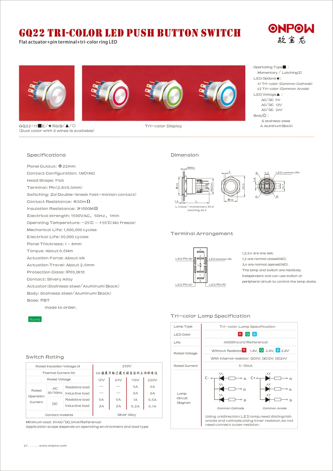 Onpow 30mm DOT Illuminated Vandal Proof Push Button Switch (GQ30PF-11D/S)