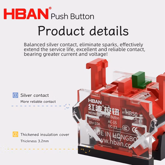 China Hban La38-11 Push Button Switch Waterproof IP65 1no1nc High Current 10A Key Lock